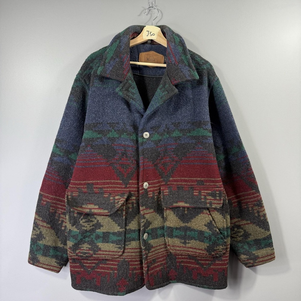 Woolrich Coat Mens Large Multicolor Southwestern Wool Button Front Pockets Tweed